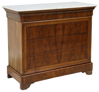 FRENCH LOUIS PHILIPPE MARBLE-TOP WALNUT COMMODE: French Louis Philippe figured walnut commode, mid 19th c., having marble top, over case fitted with frieze drawer, and three long drawers, rising on bracket feet, approx 39"h, 46"w, 20.5&quo