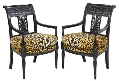 (2) DIRECTOIRE STYLE BLACK-PAINTED FAUTEUILS