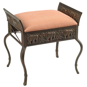 PATINATED METAL PINK-UPHOLSTERED VANITY BENCH