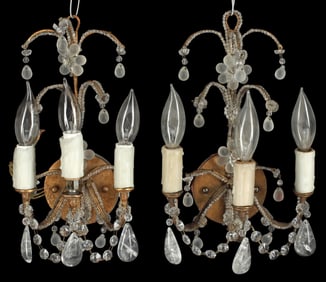 (2) GILT-METAL & ROCK CRYSTAL THREE-LIGHT SCONCES