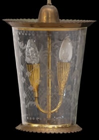 ITALIAN BRASS & ETCHED GLASS 2-LIGHT CEILING PENDANT LIGHT