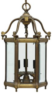 ITALIAN BRONZE HEXAGONAL 3-LIGHT HANGING LANTERN: Italian bronze three-light lantern, 20th c., paneled hexagonal frame encasing beveled glass panes, in need of wiring, approx 19.75"h, 11.25"w, 10.25"d