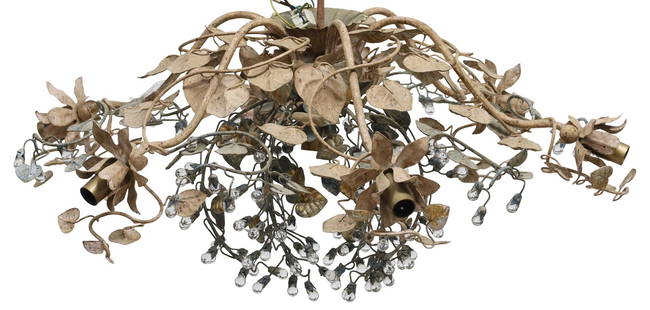 LARGE ITALIAN PAINTED TOLE & CRYSTAL FLORAL 7-LIGHT CHANDELIER: Large Italian tole peinte and crystal seven-light chandelier, 20th c., having scalloped ceiling mount, over six scrolled arms with applied foliate branches, each terminating on blossoming flower bobec
