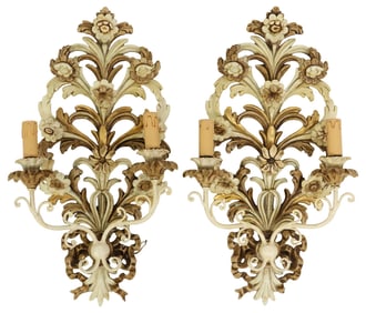 (2) ITALIAN PARCEL GILT PAINT DECORATED 2LT WALL SCONCES