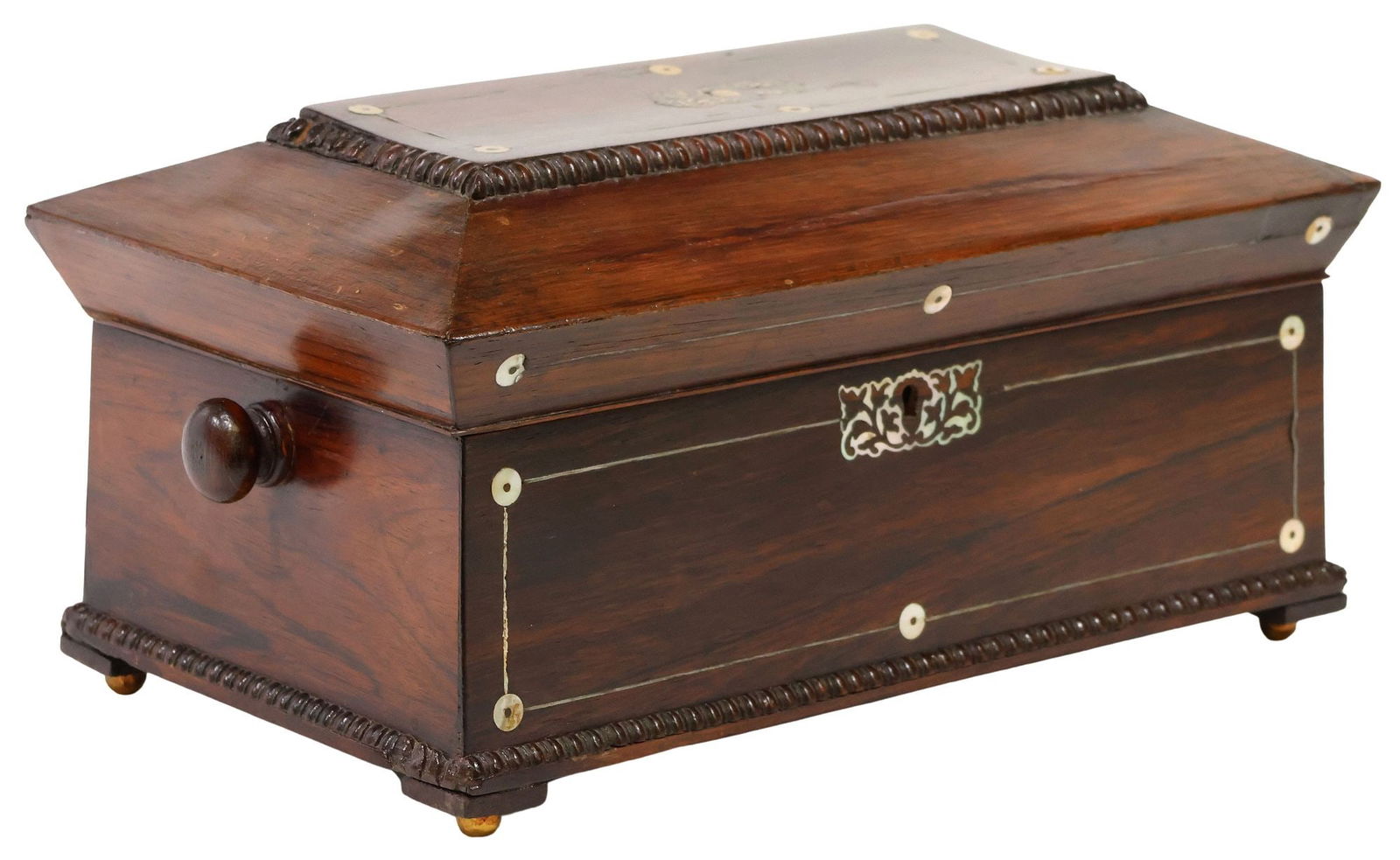 ENGLISH REGENCY MOP-INLAID ROSEWOOD TEA CADDY (1 of 7)
