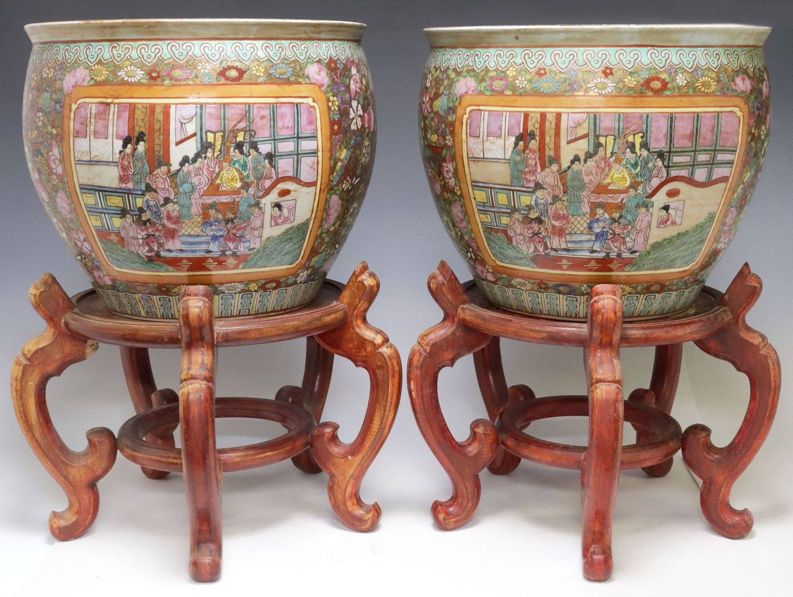 (2) CHINESE CANTON ROSE PORCELAIN FISH BOWL PLANTERS ON STANDS (1 of 5)