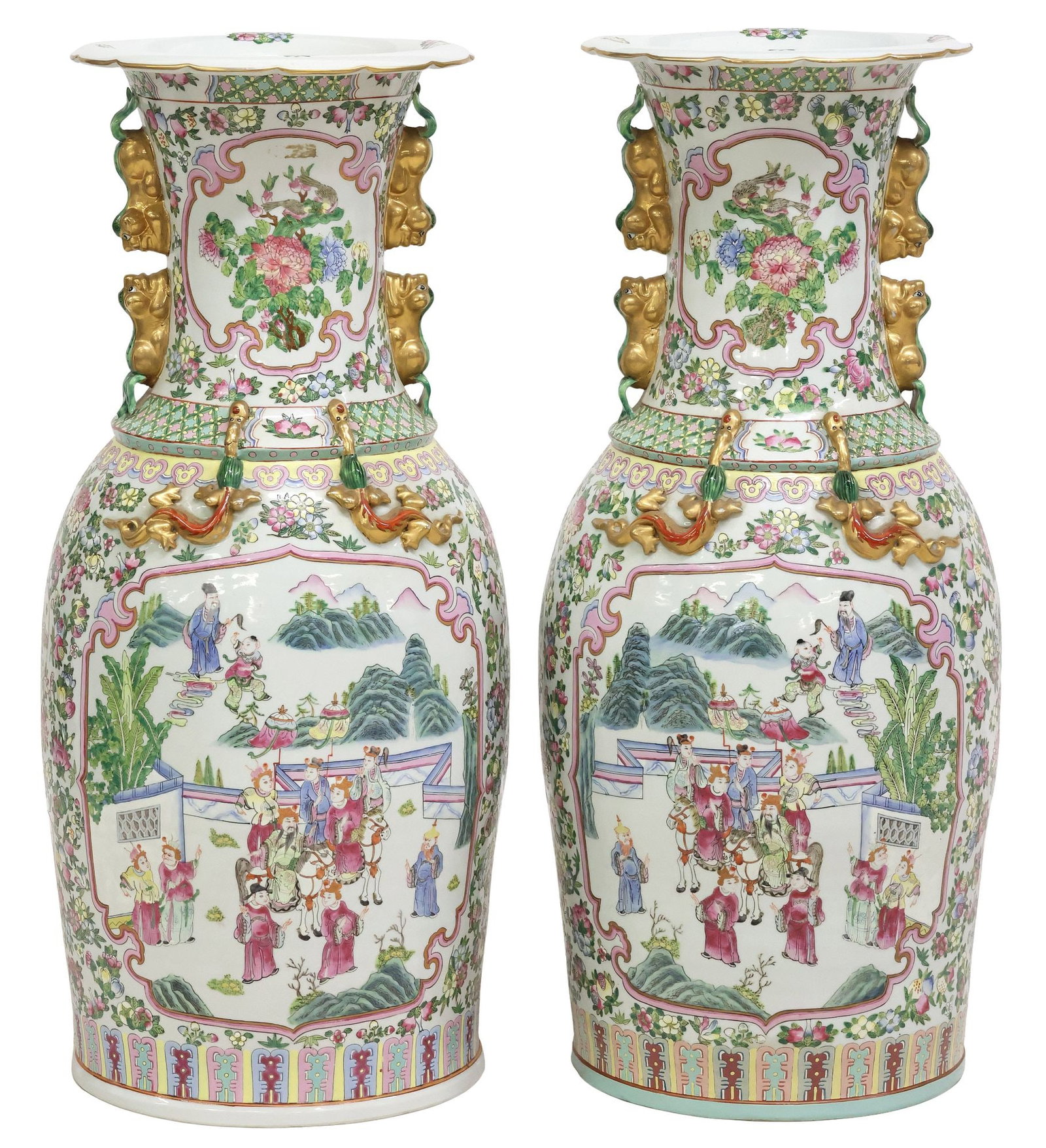 (2) CHINESE FAMILLE ROSE PARCEL-GILT PORCELAIN VASES, 33"H: (pair) Chinese famille rose porcelain vases, parcel-gilt handles modeled as Buddhist lions, figural reserves against a floral-patterned ground, (one) with honorific Qianlong style six character mark a