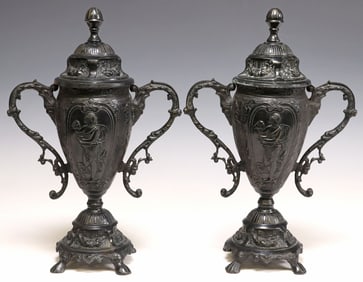 (2) NEOCLASSICAL STYLE BLACK-PAINTED BRONZE COVERED URNS, 17"H