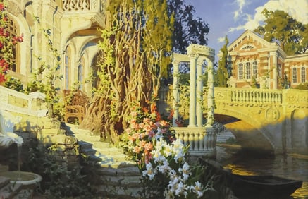 KATYA MORGUN (B.1982) 'TRANQUIL MORNINGS' ARCHITECTURAL GARDEN PAINTING