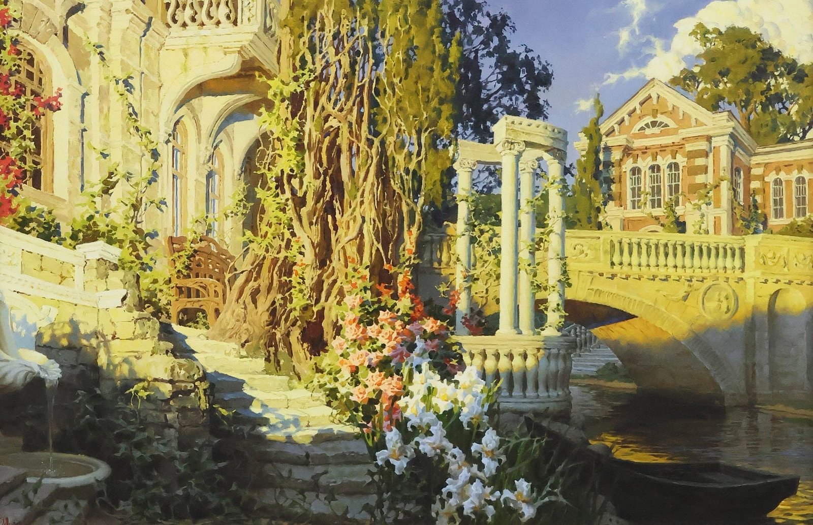 KATYA MORGUN (B.1982) 'TRANQUIL MORNINGS' ARCHITECTURAL GARDEN PAINTING: Framed oil on canvas painting, "Tranquil Afternoon," initialed lower left, Katya Morgun (Russian, b.1982), titled and dated 2009 with artist signature in Cyrillic verso, sight: approx 1