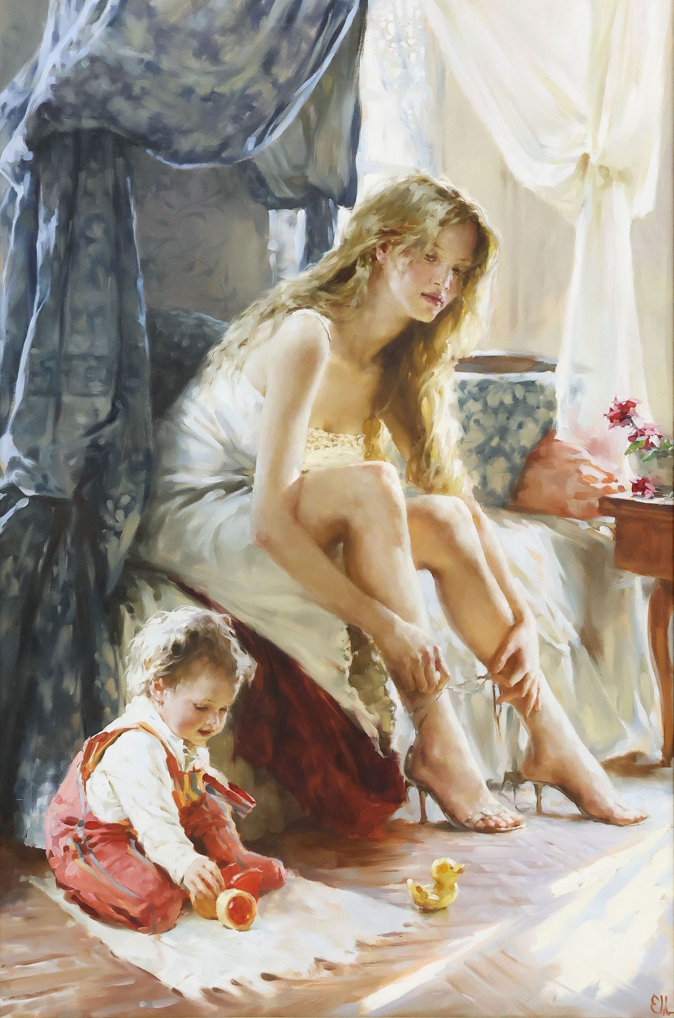 KATYA MORGUN (B.1982) 'MORNING LIGHT' 47.25" X 31.5": Framed oil on canvas painting, "Morning Light" (mother and child), initialed lower right, Katya Morgun (Russian, b.1982), inscribed, titled and dated 2005 verso, sight: approx 45.7