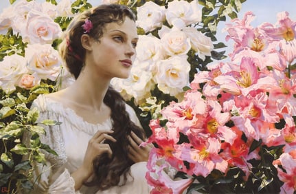 KATYA MORGUN (RUSSIAN, B.1982) PAINTING, 'WISTFUL,' 31.5" X 47.25"