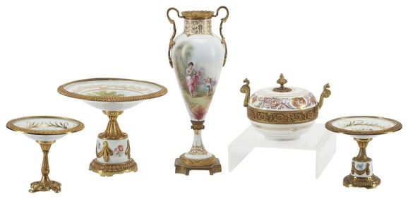 (5) ORMOLU-MOUNTED SEVRES STYLE PORCELAIN ASSEMBLED GARNITURE
