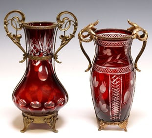 (2) BOHEMIAN RUBY CUT TO CLEAR CRYSTAL GILT-METAL-MOUNTED VASES