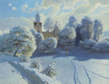 ALEXANDER AKOPOV (B.1970) WINTER LANDSCAPE OIL PAINTING, 27" X 35"