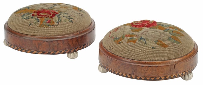 (2) VICTORIAN INLAID WALNUT & WOOL WORK FOOTSTOOLS