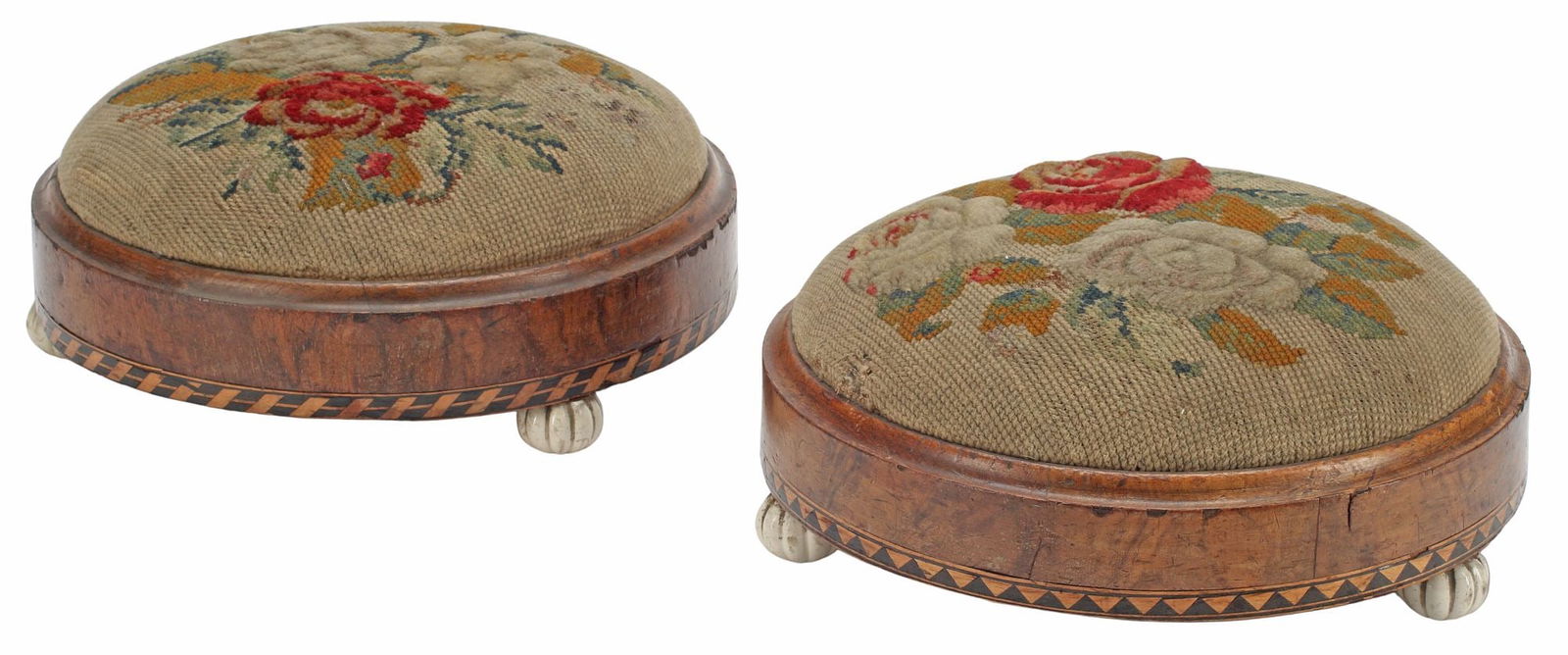 (2) VICTORIAN INLAID WALNUT & WOOL WORK FOOTSTOOLS (1 of 4)