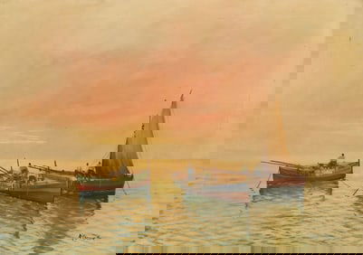 ITALIAN SCHOOL PAINTING FISHING BOATS AT SUNRISE