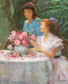 AFTER YOURI KROTOV PAINTING WOMEN & PINK ROSES, 30" X 24"