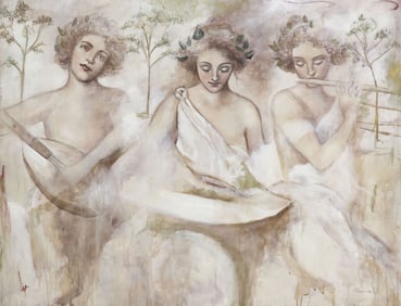 FRANCOIS FRESSINIER (B.1968) PAINTING CLASSICAL MAIDENS, 38" X 50"