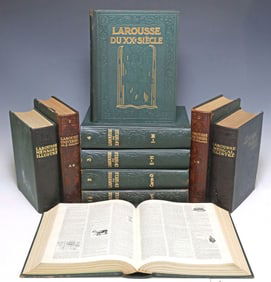 (10) FRENCH LEATHER-BOUND LIBRARY SHELF BOOKS, LAROUSSE DICTIONARIES
