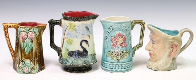 (4) FRENCH GUSTAVE DE BRUYN, ONNAING & SARREGUEMINES MAJOLICA PITCHERS