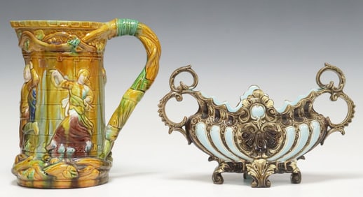 (2) CONTINENTAL MAJOLICA JARDINIERE & MINTON STYLE TAVERN PITCHER