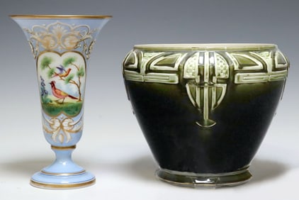 (2) FRENCH GUSTAVE DE BRUYN MAJOLICA PLANTER & OPALINE TRUMPET VASE