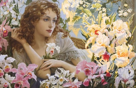 SLAVA MORGUN (B.1982) 'AMONG THE ORCHIDS & IRISES' 31.5" X 47.25"