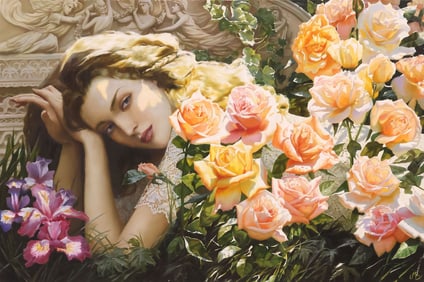 KATYA MORGUN (RUSSIAN, B.1982) PAINTING, 'THOUGHTFUL REVERIE,' 31.5" X 47.25"