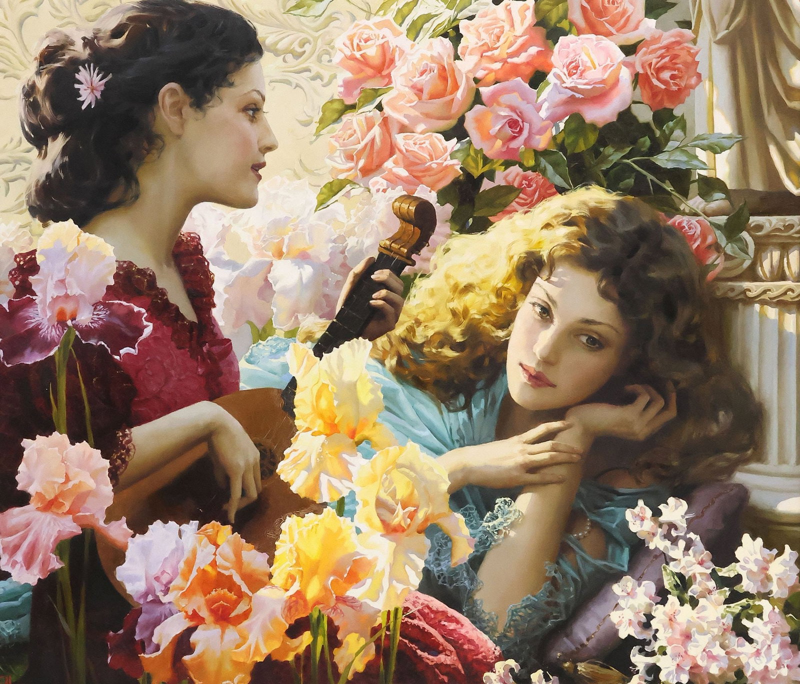 KATYA MORGUN (B.1982) 'SOUNDS OF THE MANDOLIN' 35.5" X 41.25": Framed oil on canvas painting, "Sounds of the Mandolin/ Enchanting Melody," initialed lower left, Katya Morgun (Russian, b.1982), inscribed, titled and dated 2008 verso, sight: approx 34.5&q