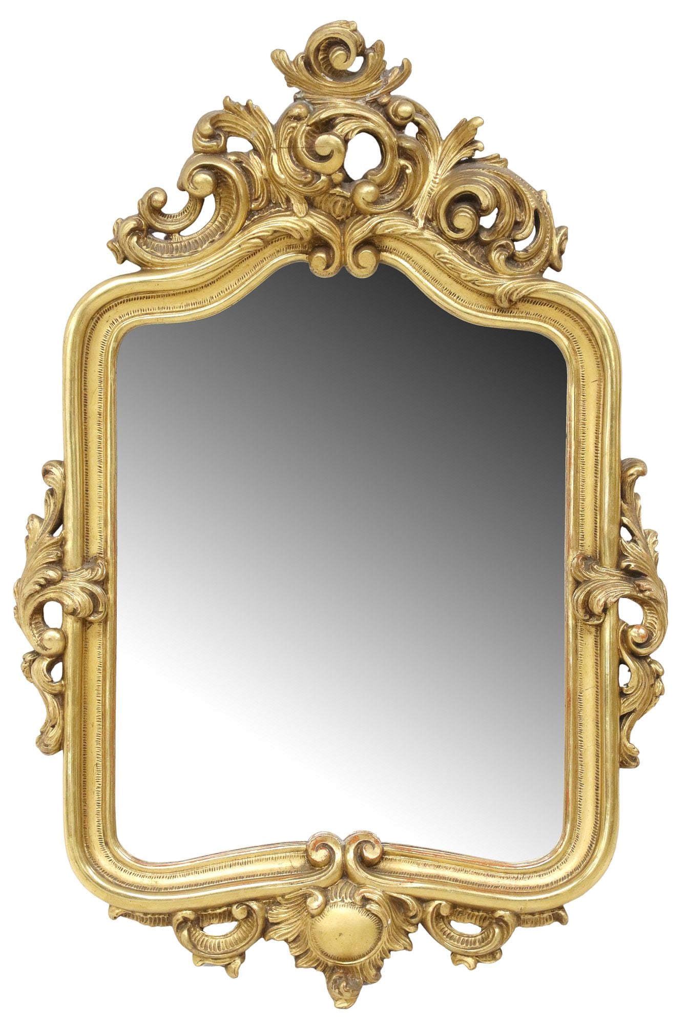 LOUIS XV STYLE GILTWOOD WALL MIRROR: Louis XV style giltwood wall mirror, early 20th c., having scrolled foliate crest, over shaped frame, encasing flat mirror plate, typical glue repair to crest, approx 28.5"h, 19"w, 7lbs