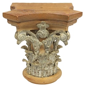 ITALIAN ARCHITECTURAL METAL-MOUNTED OAK CORINTHIAN CAPITAL BRACKET