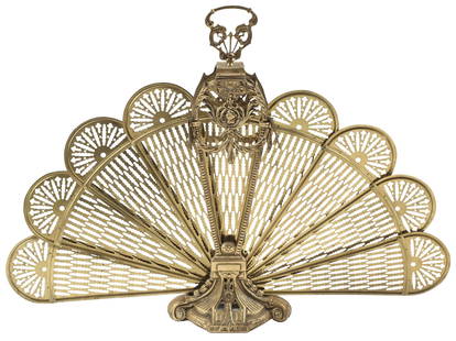 GILT-METAL PEACOCK FAN FOLDING FIREPLACE SCREEN: Gilt-metal fan-shaped fireplace screen, having scrolled handle, above tapered frame with central portrait plaque, holding pierced folding panels, rising on shaped foot, open: approx 27"h, 38