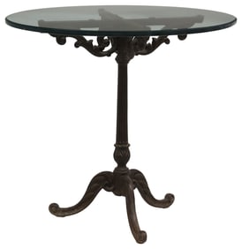 CAST IRON PEDESTAL TABLE WITH GLASS TOP