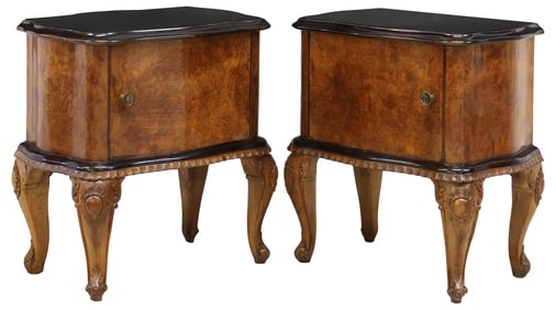 (2) ITALIAN ROCOCO STYLE GLASS-TOP BURLWOOD NIGHTSTANDS