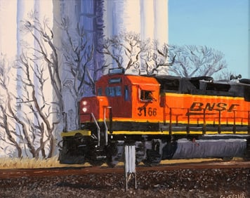 BILL GOFFRIER (20TH C.) PAINTING BNSF RAILWAY LOCOMOTIVE, 8" X 10"