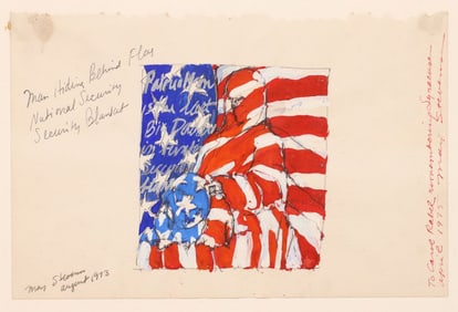 MAY STEVENS (1924-2019) 'BIG DADDY' SERIES PAINTING, 'MAN HIDING BEHIND FLAG'