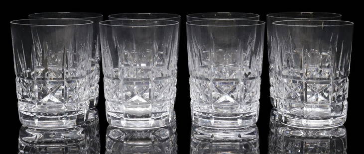 (8) WATERFORD 'KYLEMORE' CUT CRYSTAL DOUBLE OLD FASHIONED GLASSES: (lot of 8) Waterford cut crystal double old fashioned glasses, in the "Kylemore" pattern, each with acid-etched mark underfoot, approx 4 3/8"h, 3 3/8"diam, 7lbs total