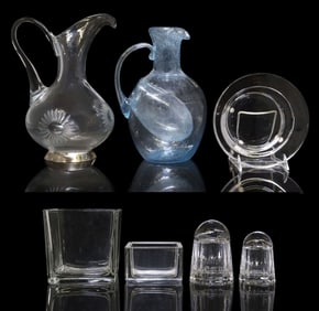 (7) CONTINENTAL GLASS & CRYSTAL PITCHERS, JELLY JARS & VANITY ITEMS