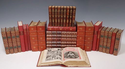 (35) FRENCH LEATHER-BOUND LIBRARY SHELF BOOKS, NOVELS, PERIODICALS & ACADEMIA