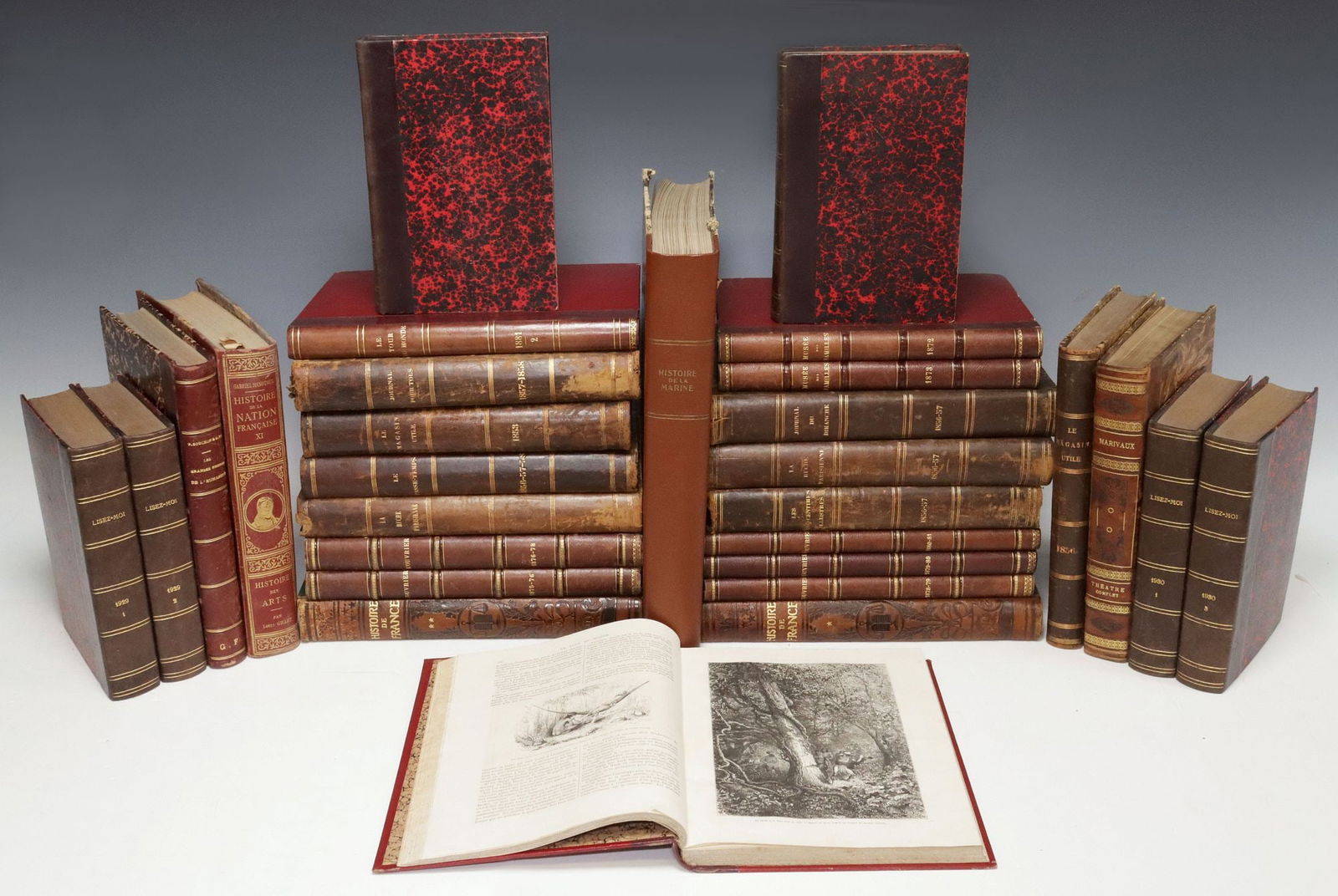 (29) FRENCH LEATHER-BOUND LIBRARY SHELF BOOKS, VARIOUS PERIODICALS (1 of 3)