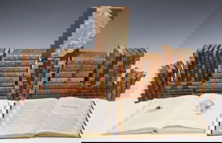 (52) FRENCH LEATHER-BOUND LIBRARY SHELF BOOKS, VARIOUS LITERATURE