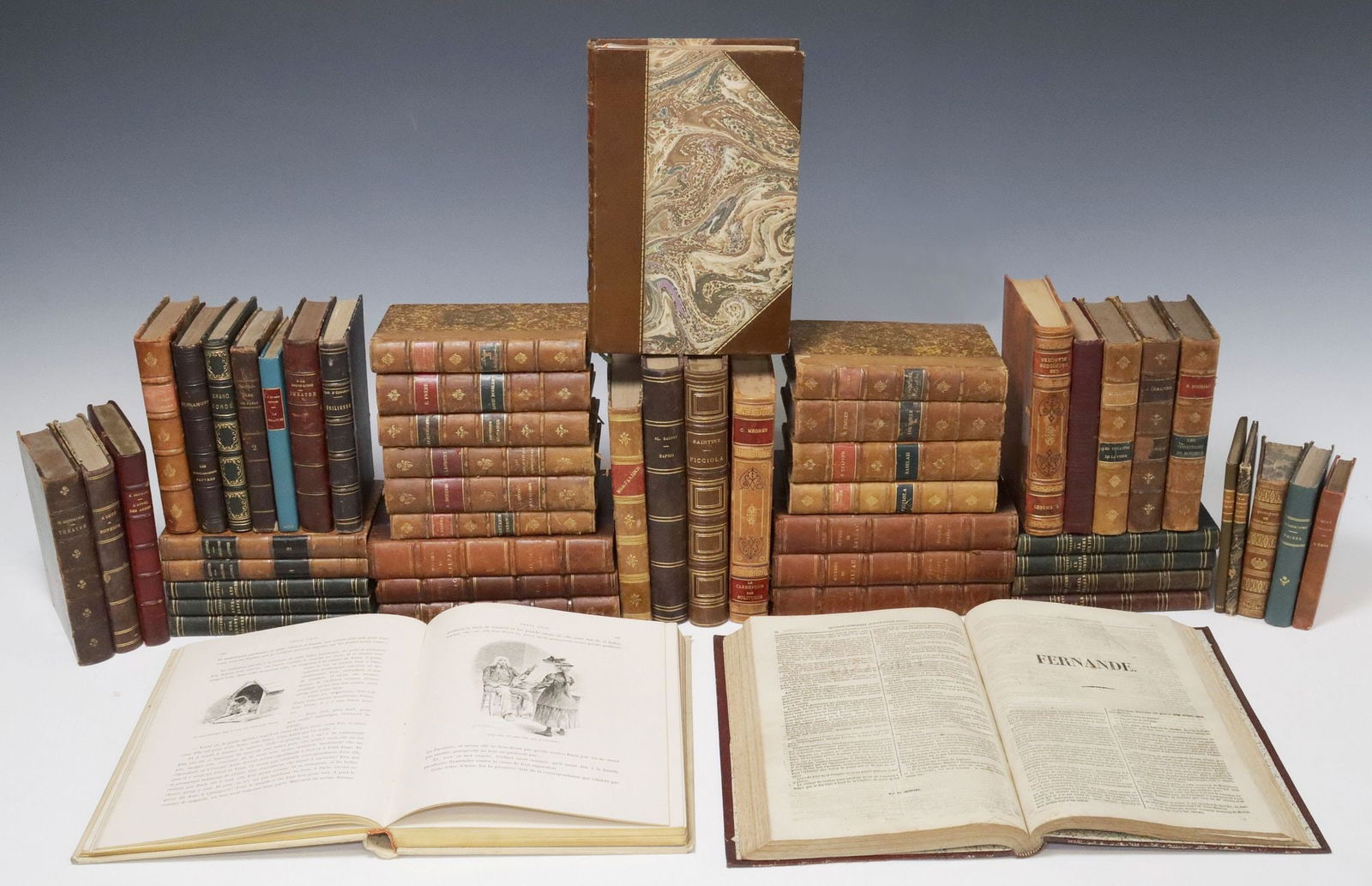 (52) FRENCH LEATHER-BOUND LIBRARY SHELF BOOKS, VARIOUS LITERATURE (1 of 4)