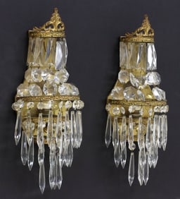 (2) EMPIRE STYLE GILT METAL & CRYSTAL 1LT WALL SCONCES