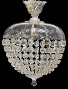 ITALIAN CRYSTAL & GLASS 4-LIGHT CHANDELIER: Italian crystal and glass four-light basket chandelier, 20th c., scalloped glass dome with oval-cut trim, hung with crystal beaded swags, over faceted drop finial, in need of wiring, approx 12.5&
