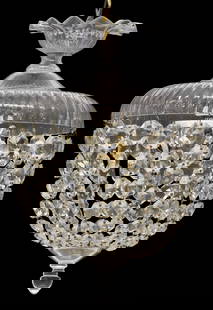 ITALIAN MURANO ART GLASS & CRYSTAL 3-LIGHT CHANDELIER: Italian Murano art glass three-light chandelier, 20th c., having scalloped ceiling mount above domed shade, hung with faceted crystal prisms and beaded swag, terminating on spherical drop finial, in n