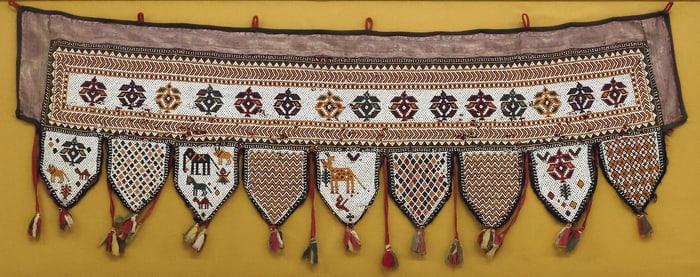 FRAMED HINDU TORAN BEADED DOOR-HANGING TEXTILE, INDIA