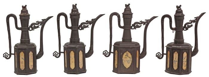 (4) ASIAN PATINATED & PAINTED METAL 'DRAGON' WINE EWERS
