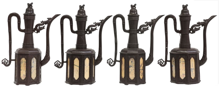 (4) ASIAN PATINATED & PAINTED METAL 'DRAGON' WINE EWERS